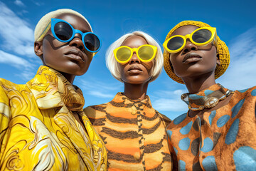 Generative AI illustration of a group of black women dressed in colorful ethnic clothing with sunglasses looking at the camera