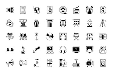 Simple Set of Cinema Related Vector Line Icons. Contains such Icons as Movie Theater, TV, Popcorn, Video Clip and more. 