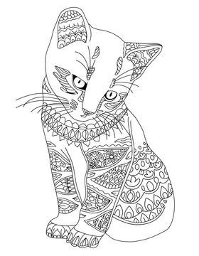 Cute kitten. Hand drawing coloring for kids and adults. Beautiful drawings with patterns and small details. Cat coloring page, monochrome book pictures with animals. Vector