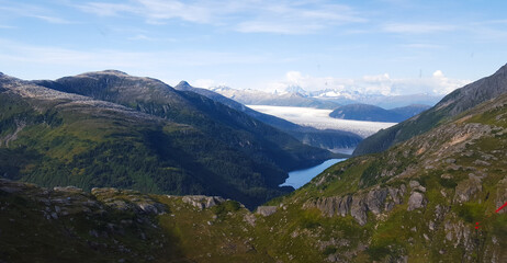 Obraz premium Glaciar y bosque en Alaska. Panorámica desde helicoptero