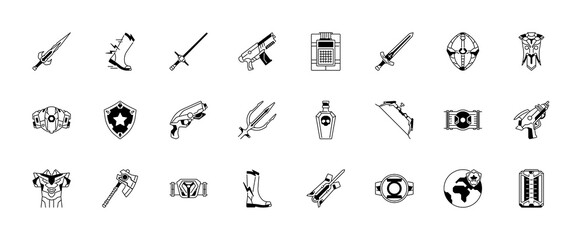 Super Hero icon set in thin style. Contains such icons as Water gun, Paintball, Gun, Soldier, Weapon, Submarine, Sword, Radioactive, Medieval, Mace, Military base
