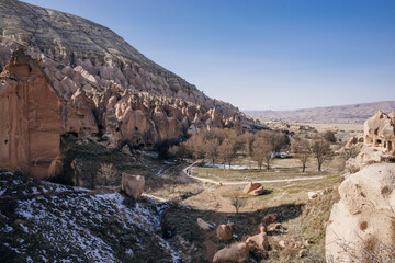 Cave town and rock formations in Zelve Valley, Cappadocia, Turkey - feb 2023