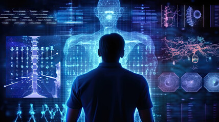 Male lab scientist looking at holographic screen. Generative AI.
