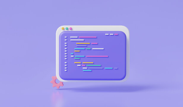 Coding and programming on website. Source code on computer screen, program code development, coding language development, software development, web development concept. 3d minimal render illustration