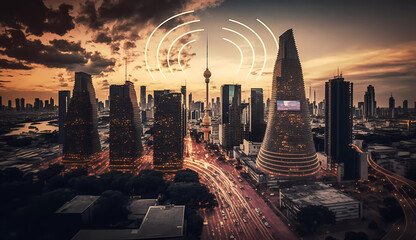 5G. Smart city at night. Digitalization. Banner. Generative AI