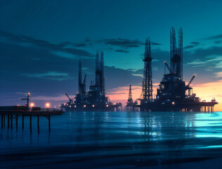 oil rigs in the middle of the beach at dusk
