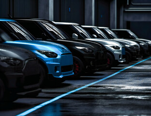 a line of black and gray new cars parked