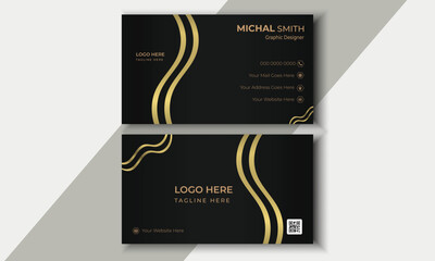Modern Business Card - Creative and Clean Business Card Template. Luxury business card design template. Elegant dark back background with abstract golden wavy lines shiny. Vector illustration