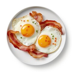 Delicious Fried Eggs and Bacon on a White Background Generative AI