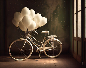 a white bicycle with white balloons