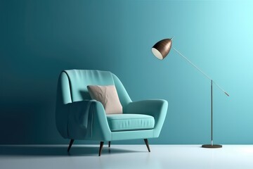 minimal interior with blue soft chair and lamp, AI Generated