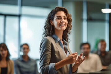 Confident businesswoman delivering a corporate presentation at a seminar or conference. The image showcases her expertise and leadership skills in a professional setting, generative ai