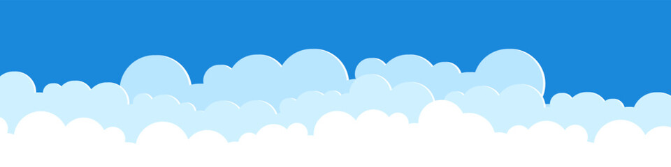 Paper cut flat clouds on blue sky background. Cartoon clouds banner. Vector illustration.