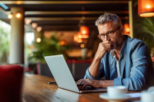 Worried businessman in a hotel lobby, using a laptop to review finances amidst an economic downturn. The image captures concern over the recession's impact, generative ai