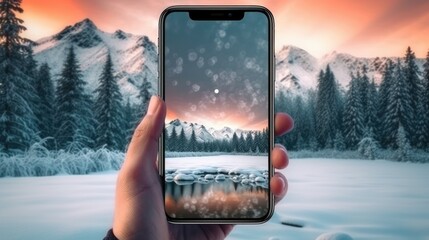 Traveler holding smartphone and making a shoot of winter landscape. AI generative image.