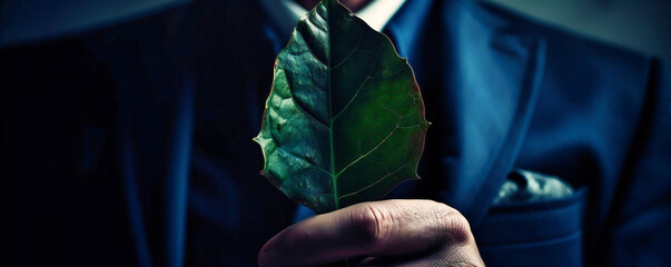 a business man holding a green leaf with his hand
