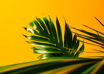 Fototapeta na wymiar a small leaf of a palm tree is shown against a yellow background