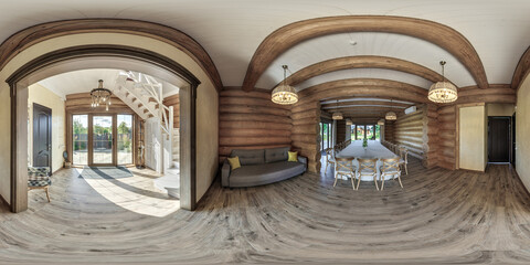 360 hdri panorama inside interior in entrance hall of large banquet hall in wooden eco homestead in...