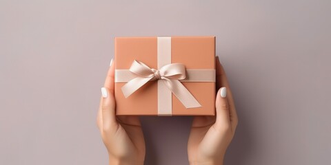 Female hands holding gift box. Copy space. Christmas, hew year, birthday concept, generative ai