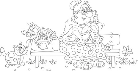 Funny granny sitting on a bench after shopping and chatting on her phone, a sly plump cat trying to steal sausages from a shopping bag, black and white outline vector cartoon for a coloring book