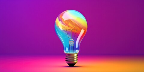 Colorful light bulb on multi color background, copy space, generative ai