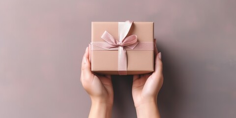 Female hands holding gift box. Copy space. Christmas, hew year, birthday concept, generative ai
