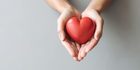 Young women hands holding red heart,health care, donate and family insurance concept,world heart day, world health day, CSR responsibility, adoption foster family, hope, gratitude, kind, generative ai