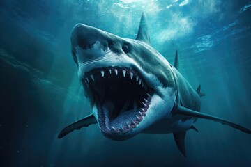 Obraz premium Majestic Megalodon: Enormous Shark Underwater with Open Jaws