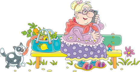 Funny granny sitting on a bench after shopping and enthusiastically chatting on her phone, a sly plump cat trying to steal sausages from a shopping bag, vector cartoon illustration isolated on white