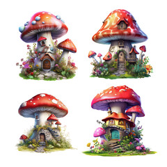 Set of fantasy small mushroom house, 3D illustration digital art design, generative AI