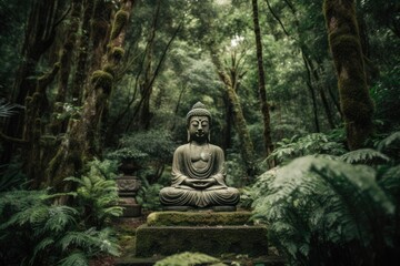 Tranquility Embodied: Serene Buddha Statue in a Lush Green Forest