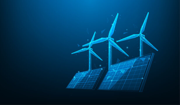 solar cell and wind turbine technology low poly wireframe on blue background. renewable energy sources digital concept. clean energy systems. vector illustration fantastic hi tech design.