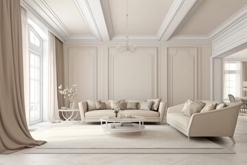 Stylish apartment interior. Beige wall color, couch and plants. AI Generated
