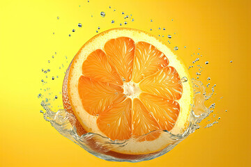 A slice of orange floating in a splashing liquid created using generative AI.