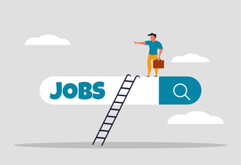 Search for a new job, find new career opportunities and ambitions. Opening a new vacancy in the labor market. A man is standing on a job search panel. Vector illustration concept