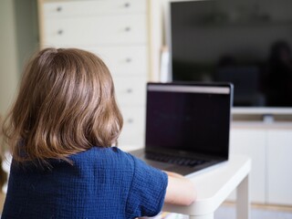 Little girl sitting at the laptop at home. back view