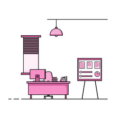 Flat design of working table with computer, desktop, equipment. Working desk with table, chair, book