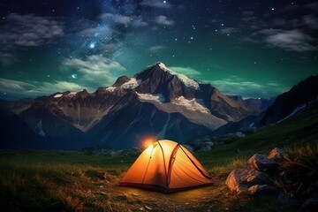 Obraz premium Camping in the mountains under the stars (Ai generated)