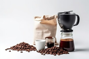 Coffee Maker Appliance with Fresh Bag of Whole Coffee Beans - Home Brewing and Aromatic Coffee Concept