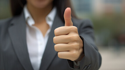 Eine Geschäftsfrau zeigt die positive Zustimmung durch die Daumengeste "Daumen hoch" (Daumensignal). (Generative AI)