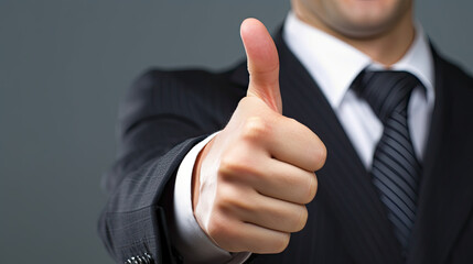 Ein Gesch&auml;ftsmann zeigt die positive Zustimmung durch die Daumengeste "Daumen hoch" (Daumensignal). Grauer Hintergrund. (Generative AI)