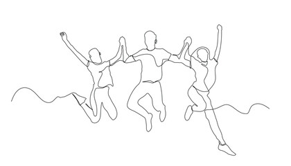 Continuous line drawing of jumping happy friends. Happy friends enjoying continuous line art design. happy teenagers jumping line art. happiness, freedom, motion, and people concept