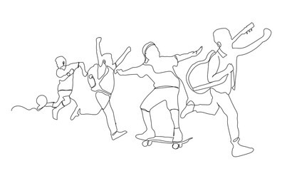 continuous line drawing of four jumping happy friends.  boys enjoy different styles of line art. friends playing line art. childhood enjoy line art.