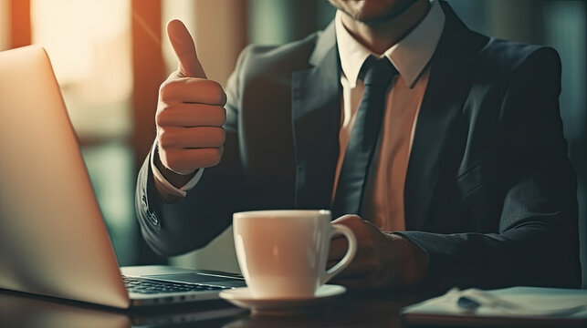 Ein Geschäftsmann mit Laptop und einer Tasse Kaffee am Schreibtisch, zeigt positive Zustimmung durch die Daumengeste "Daumen hoch" (Daumensignal). (Generative AI)