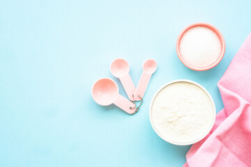 Food baking background. Ingredients for cooking at blue. Flat lay.