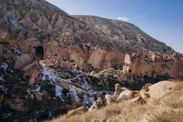 Cave town and rock formations in Zelve Valley, Cappadocia, Turkey - feb 2023