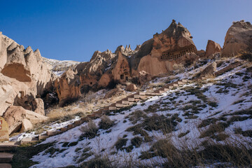 Cave town and rock formations in Zelve Valley, Cappadocia, Turkey - feb 2023