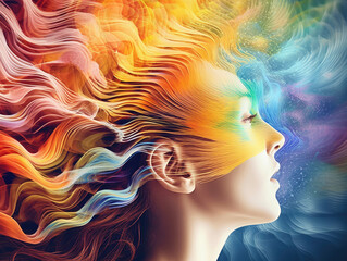 Conceptual image of colorful psychic waves emanating from a person's head, illustrating the transmission and reception of thoughts, emotions, and energy