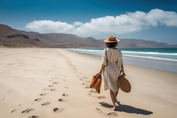 Traveler in summer beach, female tourist walking on sand (Ai generated)