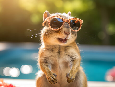 Funny Chipmunk in sunglasses sitting by swimwing pool at resort, ai generative